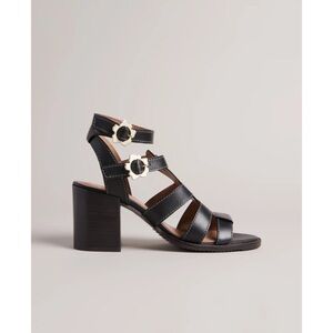 Ted Baker Tabaria stappy block heeled leather sandal in black with flower buckle
